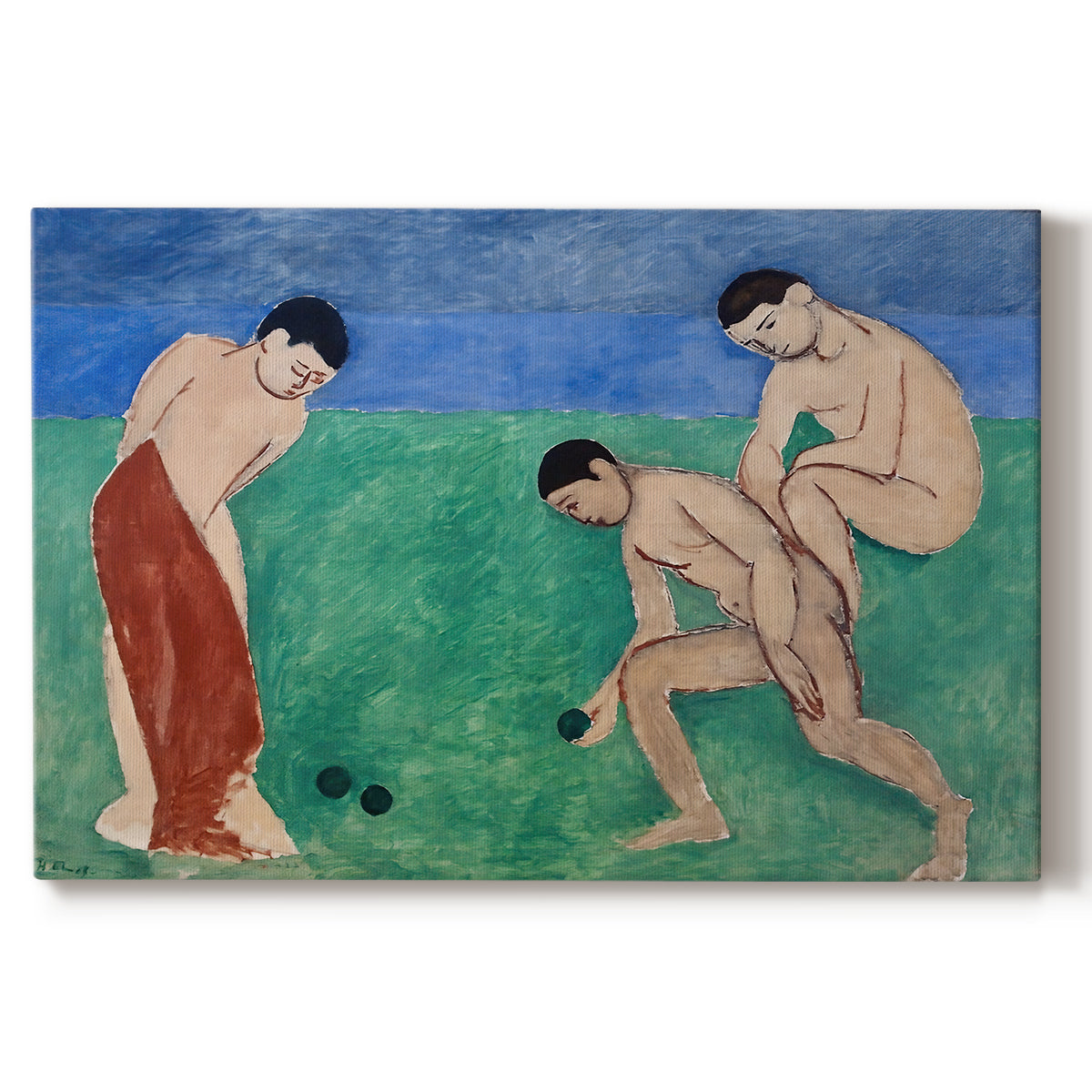 Canvas art print portraying figures playing bowls outdoors in a simplified colorful landscape, set against a white background