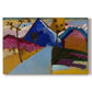 Canvas art print portraying a simplified street scene with buildings and landscape rendered in bold color blocks, set against a white background