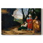 Canvas art print portraying three men standing outdoors in landscape engaged in thoughtful discussion, set against a white background