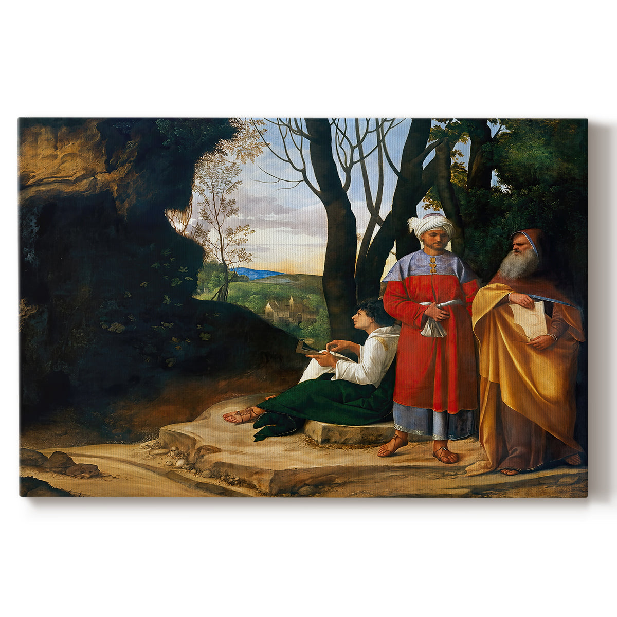 Canvas art print portraying three men standing outdoors in landscape engaged in thoughtful discussion, set against a white background