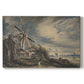 Canvas art print portraying a rural mill beside water surrounded by trees, set against a white background