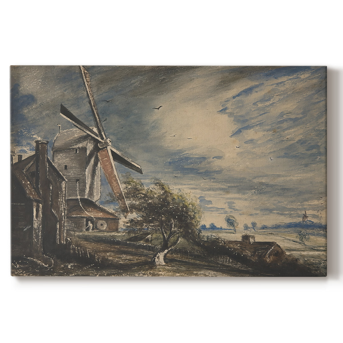 Canvas art print portraying a rural mill beside water surrounded by trees, set against a white background