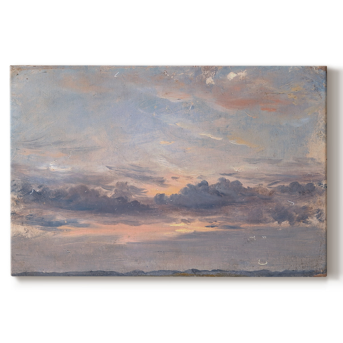 Canvas art print portraying a sky filled with warm sunset clouds over low horizon, set against a white background