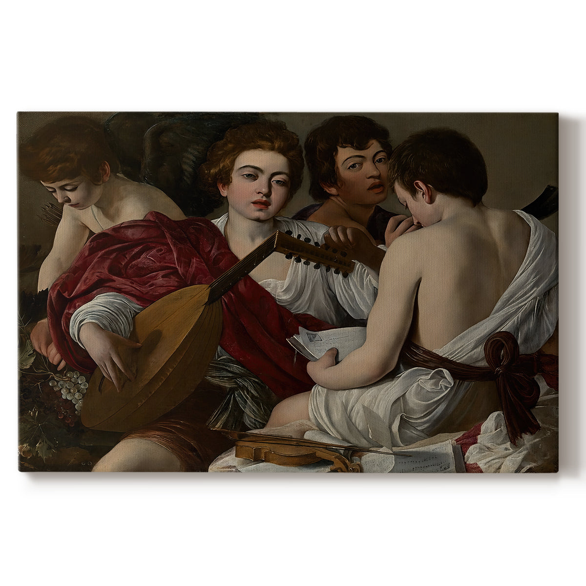 Canvas art print portraying a group of young men gathered together playing music with instruments, set against a white background