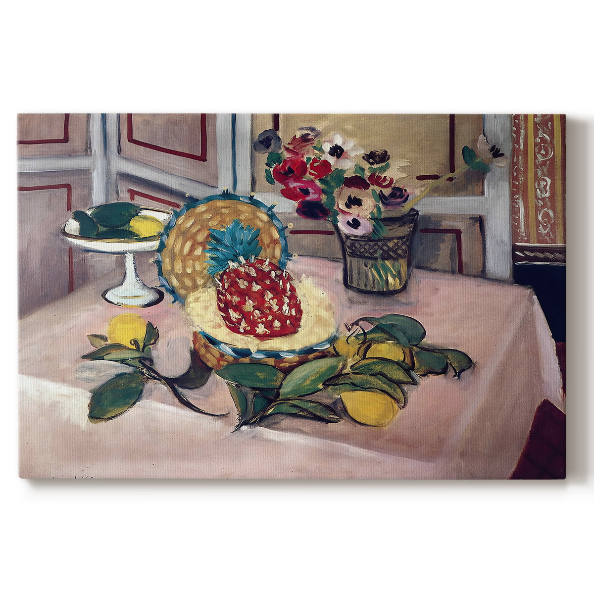 Canvas art print portraying a tabletop still life with pineapple, lemons, and fruit, set against a white background