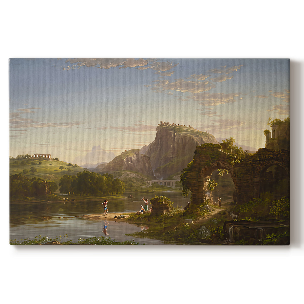 Canvas art print portraying a sunlit pastoral landscape with figures and classical architecture in open countryside, set against a white background