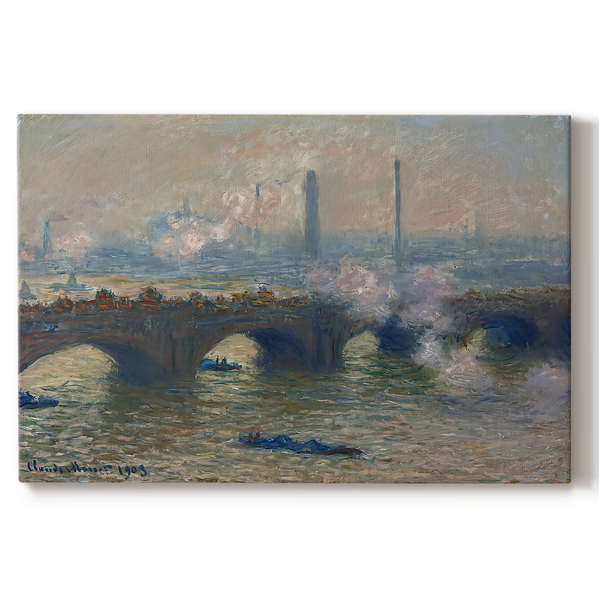 Canvas art print portraying a muted cityscape of bridge spanning river under overcast sky, set against a white background