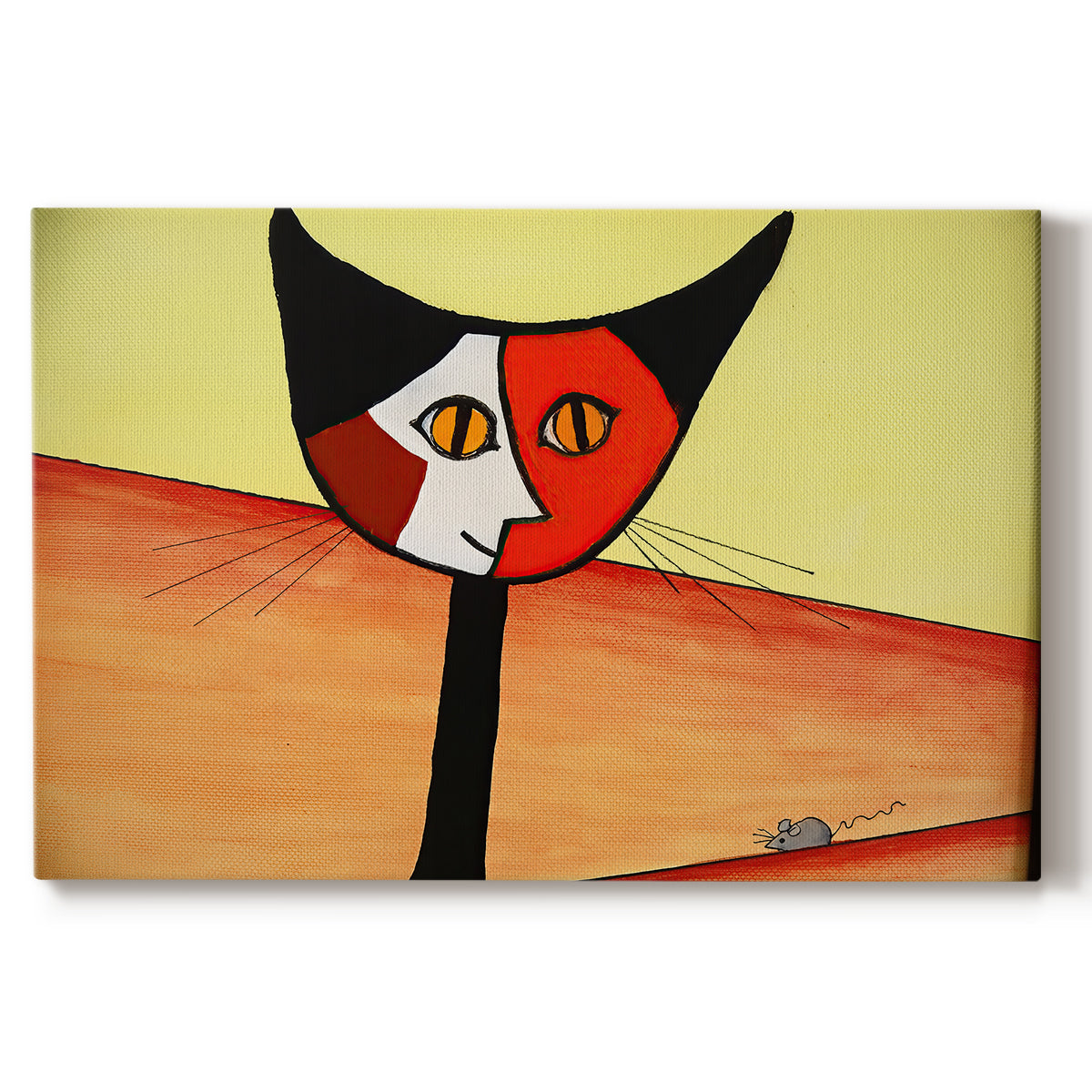 Canvas art print portraying a stylized cat face composed of bold geometric shapes, set against a white background