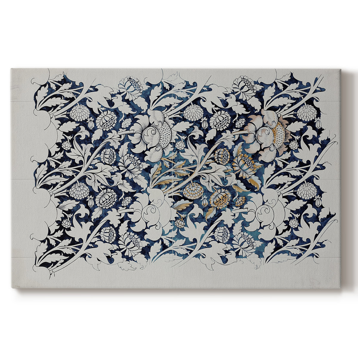 Canvas art print portraying a repeating floral design with flowing stems and scattered blossoms across light background, set against a white background