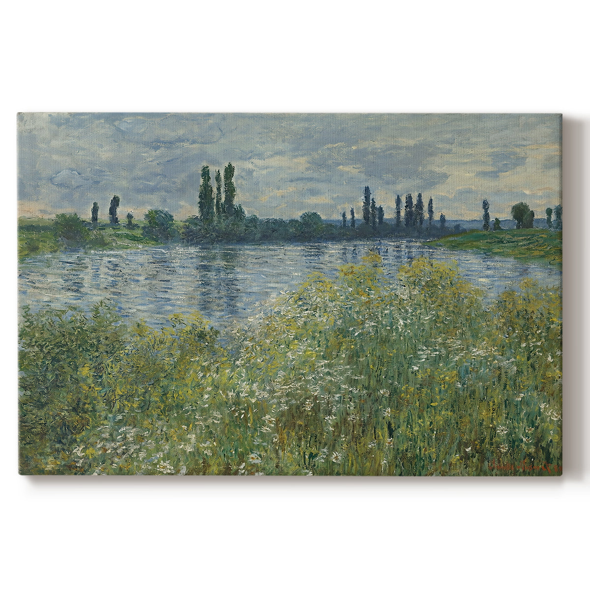 Canvas art print portraying a riverbank landscape with water, trees, and distant village buildings, set against a white background