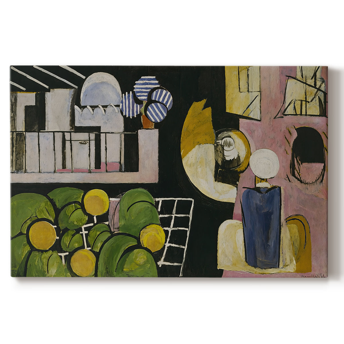 Canvas art print portraying a scene with figures, architecture, and still life elements, set against a white background