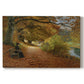 Canvas art print portraying figures walking along forest path covered in autumn leaves, set against a white background