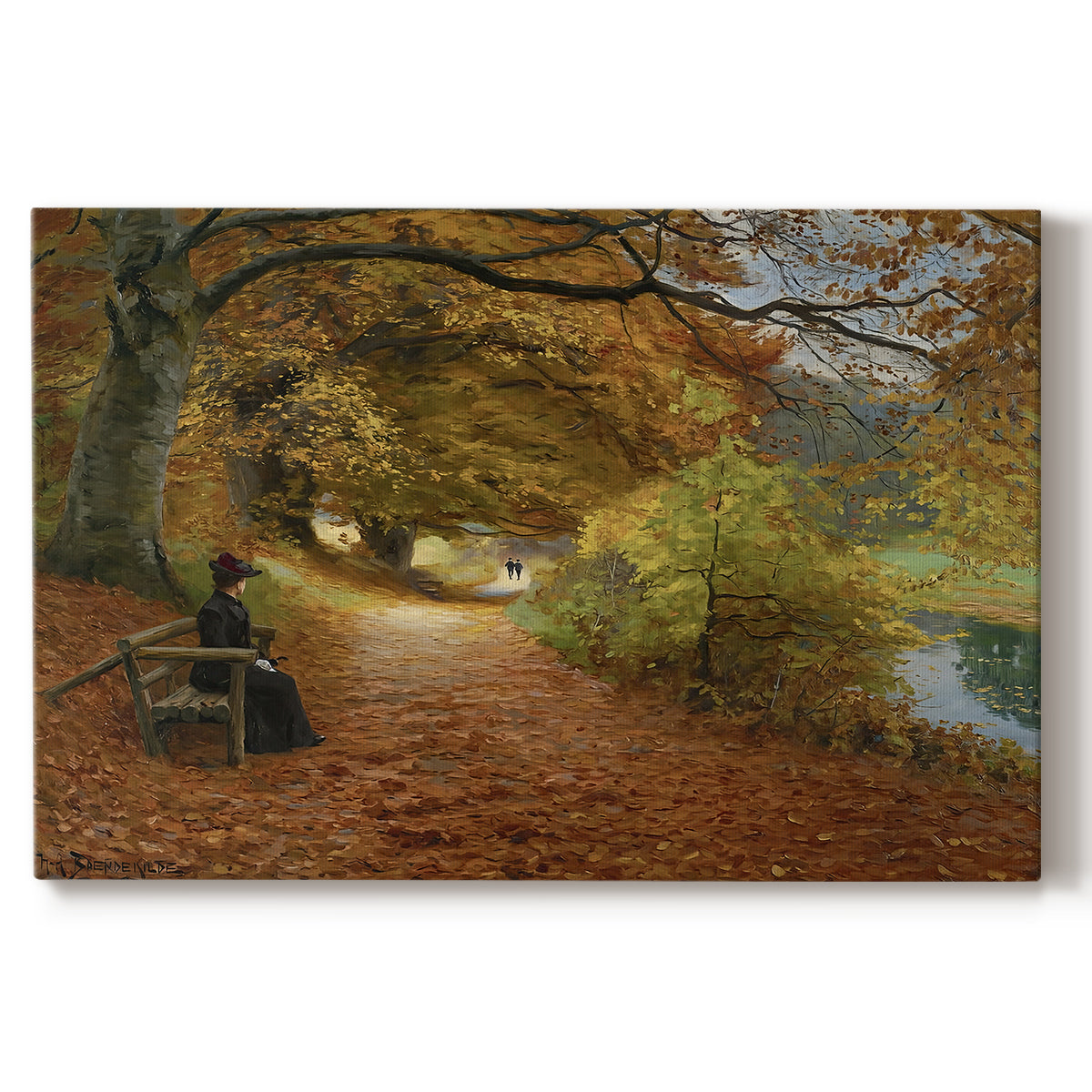 Canvas art print portraying figures walking along forest path covered in autumn leaves, set against a white background