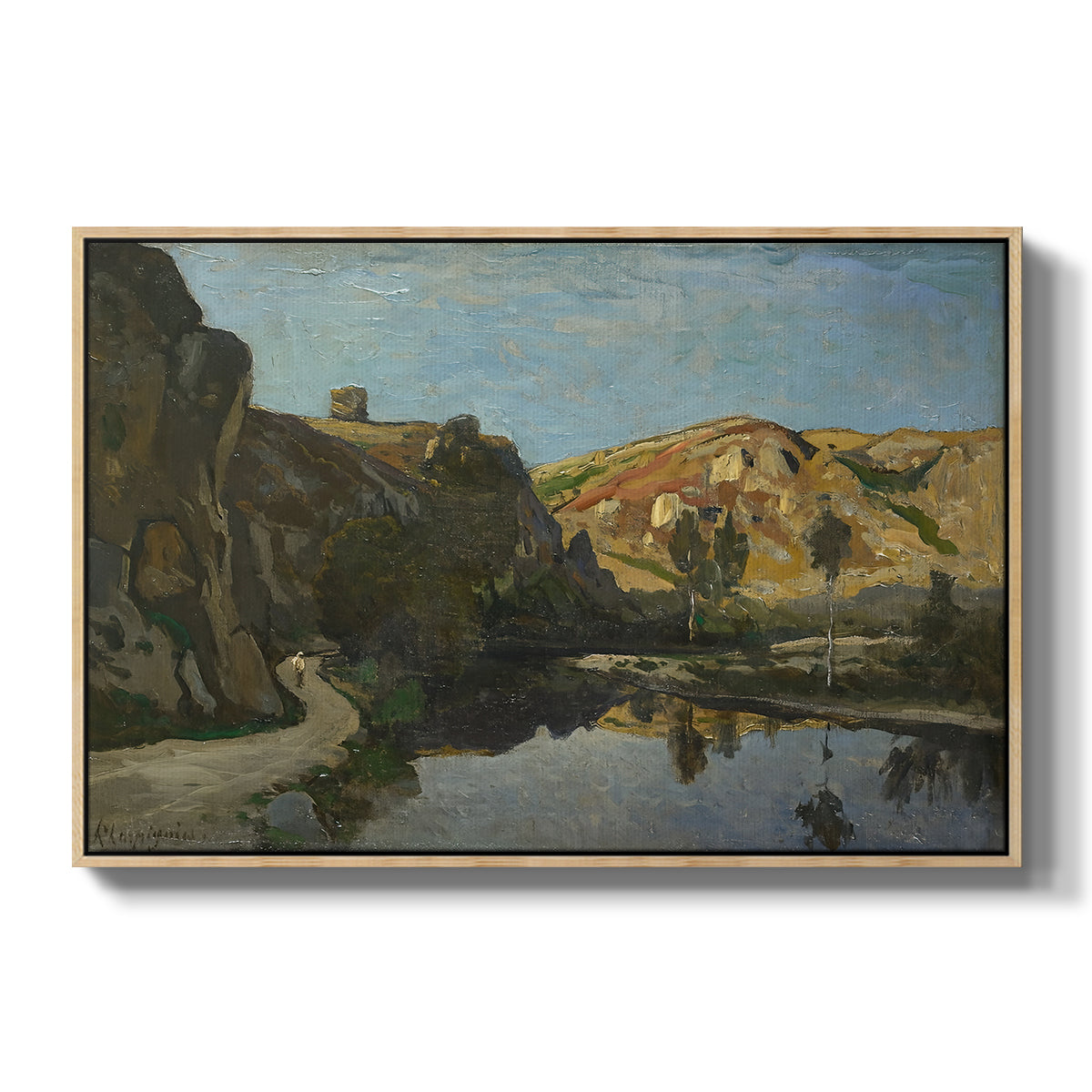 River Landscape with Cliffs, c. 1850-1860 - Floater Framed Canvas Print