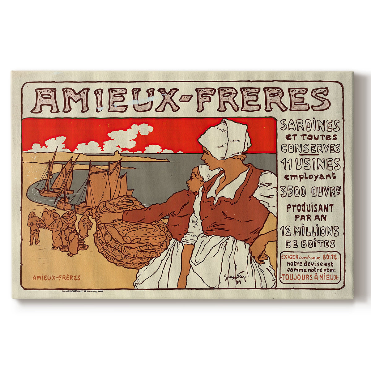 Canvas art print portraying a vintage Art Nouveau advertisement poster with illustrated figures and decorative typography, set against a white background