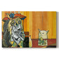 Canvas art print portraying a stylized figure facing cat across table in exaggerated scene, set against a white background