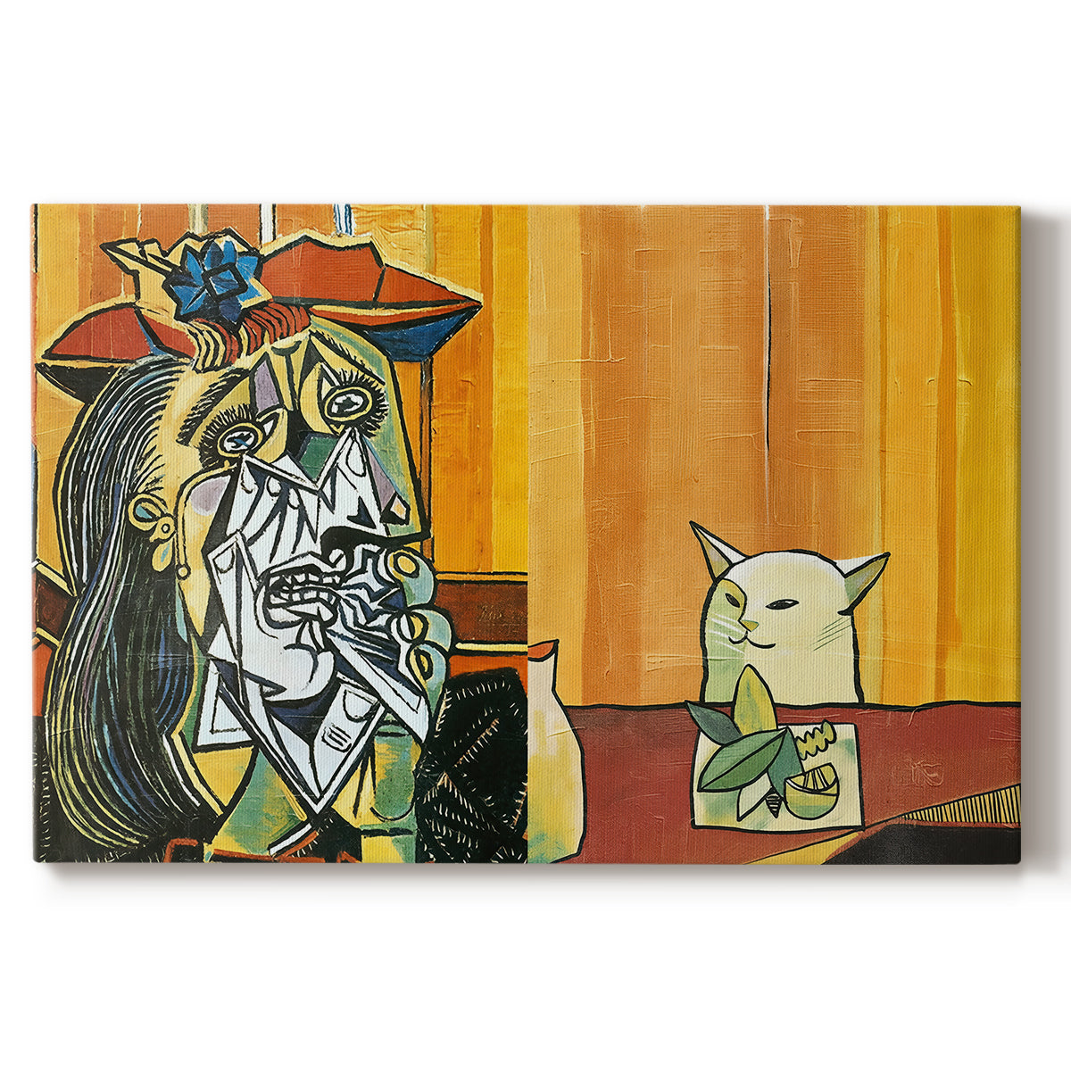 Canvas art print portraying a stylized figure facing cat across table in exaggerated scene, set against a white background