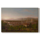 Canvas art print portraying a city of Florence viewed from elevated vantage point with surrounding hills, set against a white background
