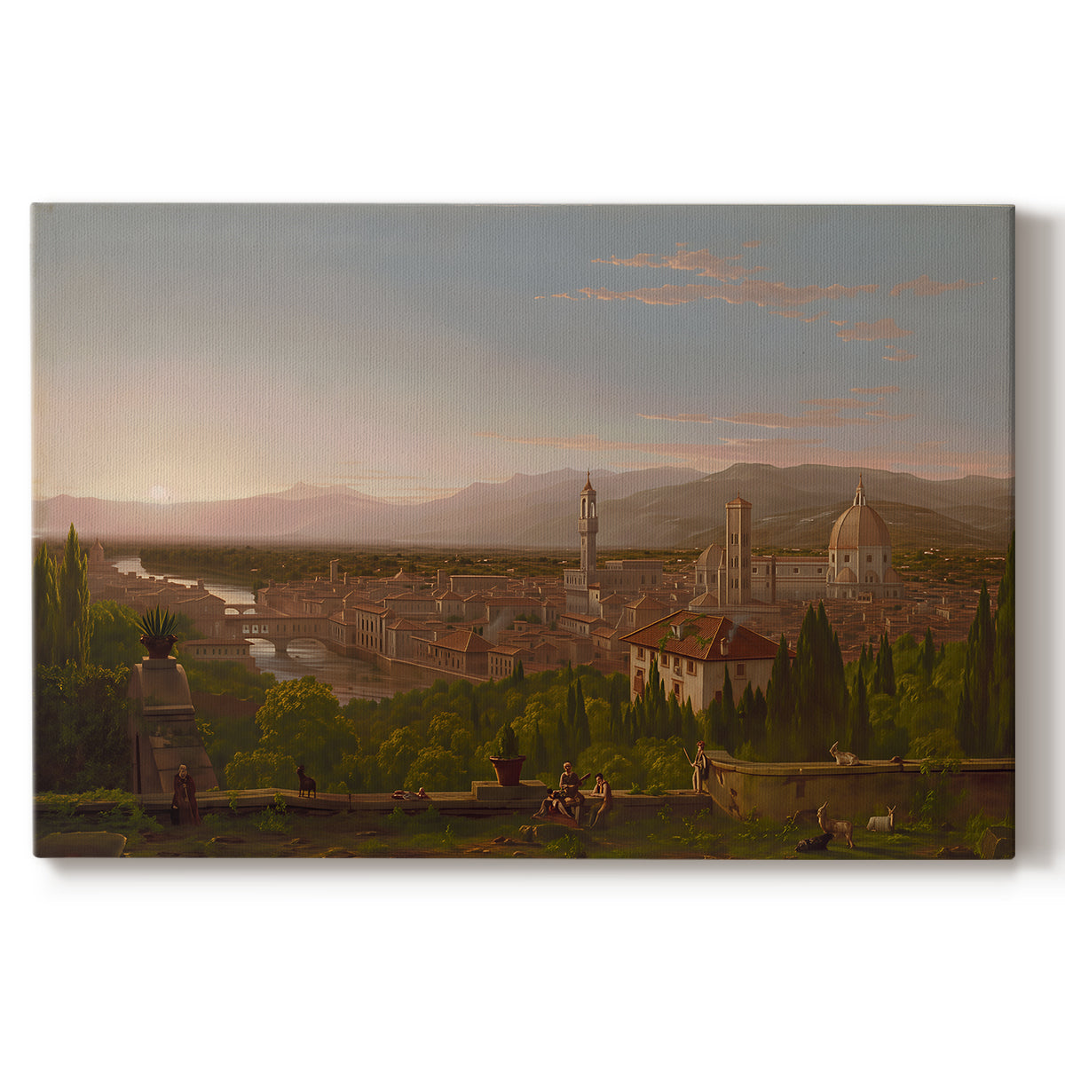 Canvas art print portraying a city of Florence viewed from elevated vantage point with surrounding hills, set against a white background