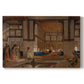 Canvas art print portraying an interior scene with woman receiving guests in ornate room, set against a white background
