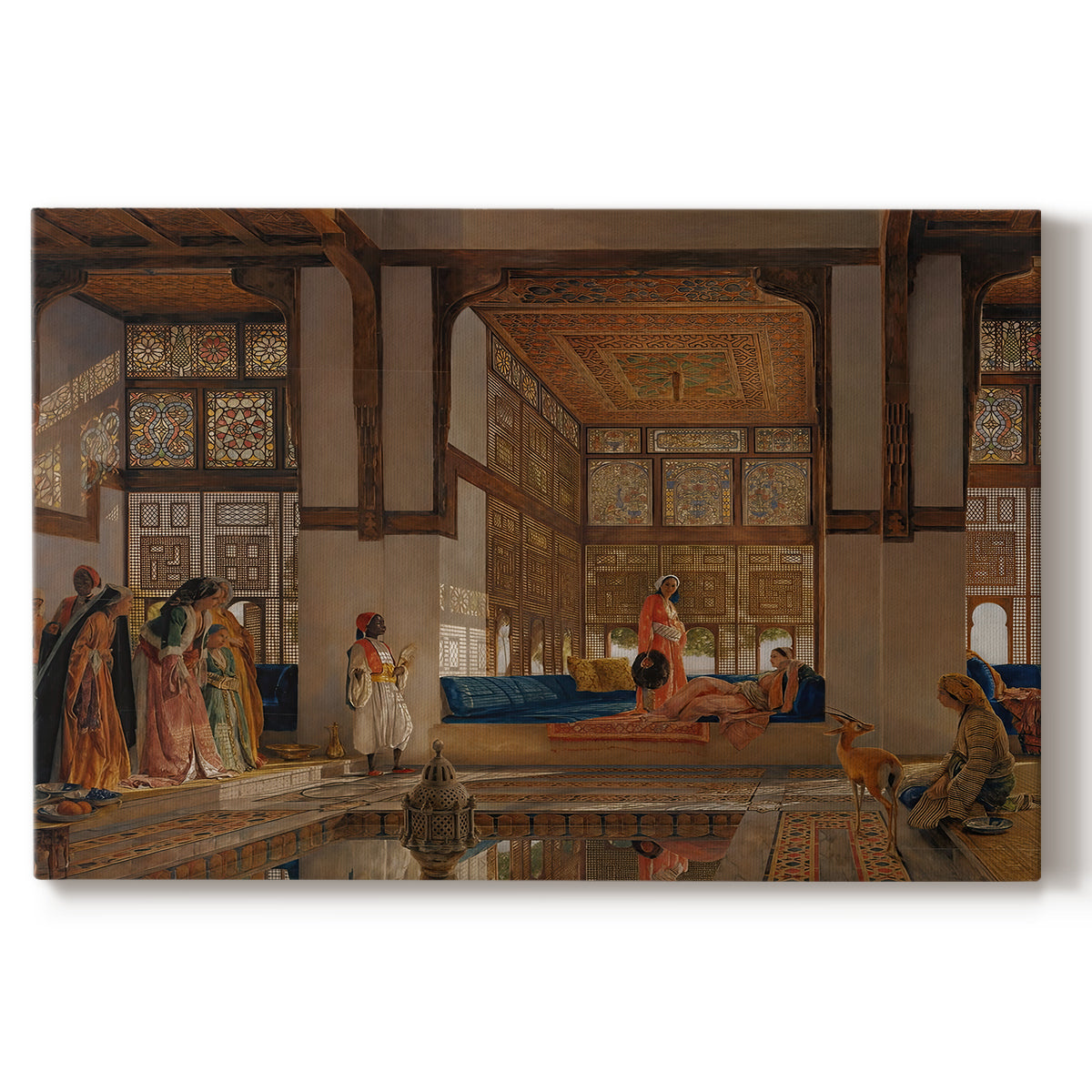 Canvas art print portraying an interior scene with woman receiving guests in ornate room, set against a white background
