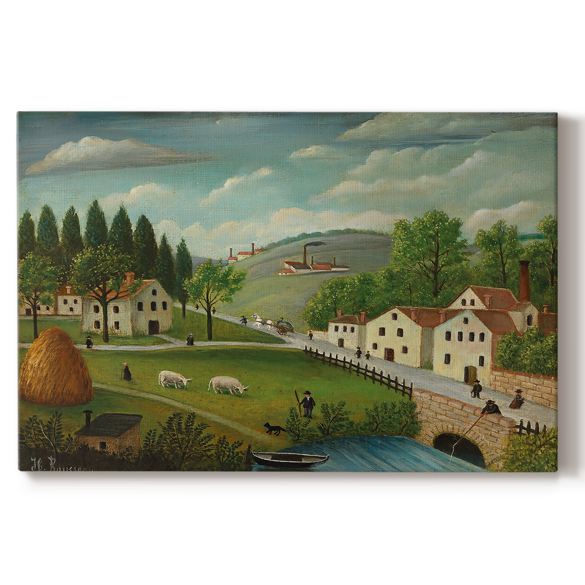 Canvas art print portraying a rural landscape with stream, walking figures, and fisherman near water, set against a white background