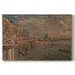 Canvas art print portraying a cityscape with riverside buildings and bridge, set against a white background