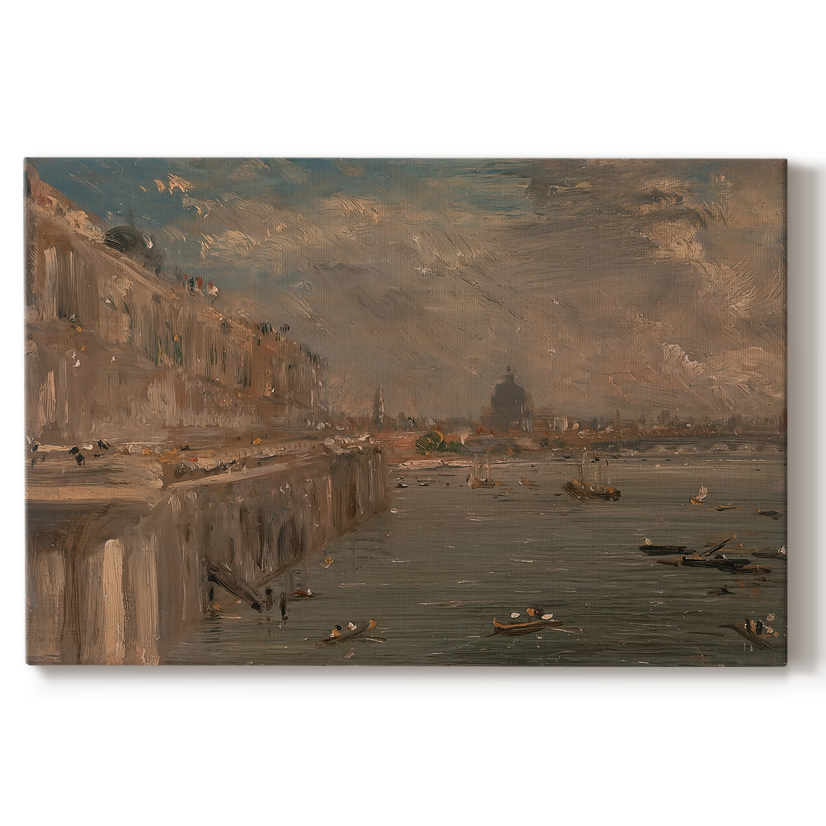 Canvas art print portraying a cityscape with riverside buildings and bridge, set against a white background