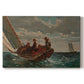 Canvas art print portraying a small sailboat with boys aboard leaning into wind on open water, set against a white background