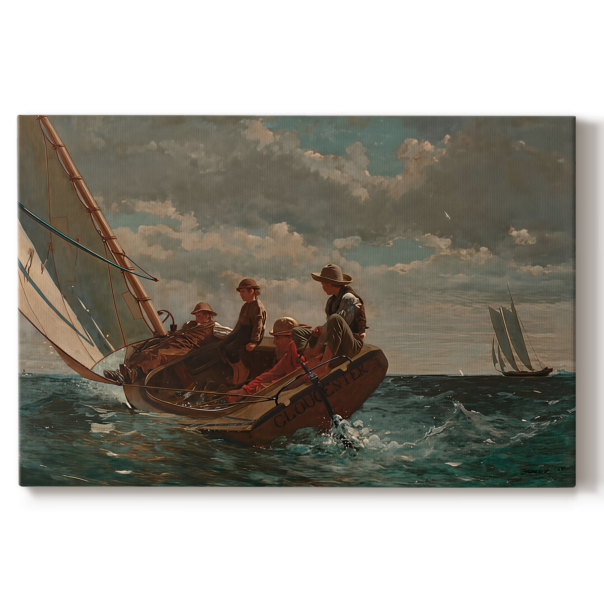 Canvas art print portraying a small sailboat with boys aboard leaning into wind on open water, set against a white background