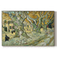 Canvas art print portraying a road lined with large trees where workers are gathered along path, set against a white background