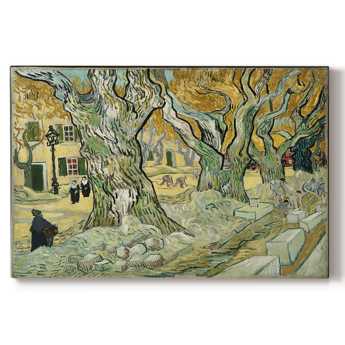 Canvas art print portraying a road lined with large trees where workers are gathered along path, set against a white background