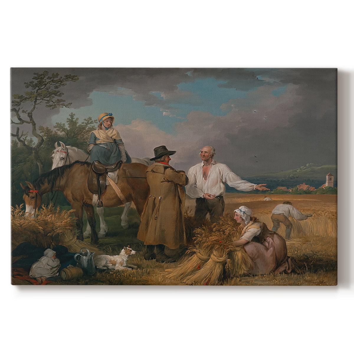 Canvas art print portraying a group of figures harvesting crops in open rural landscape, set against a white background