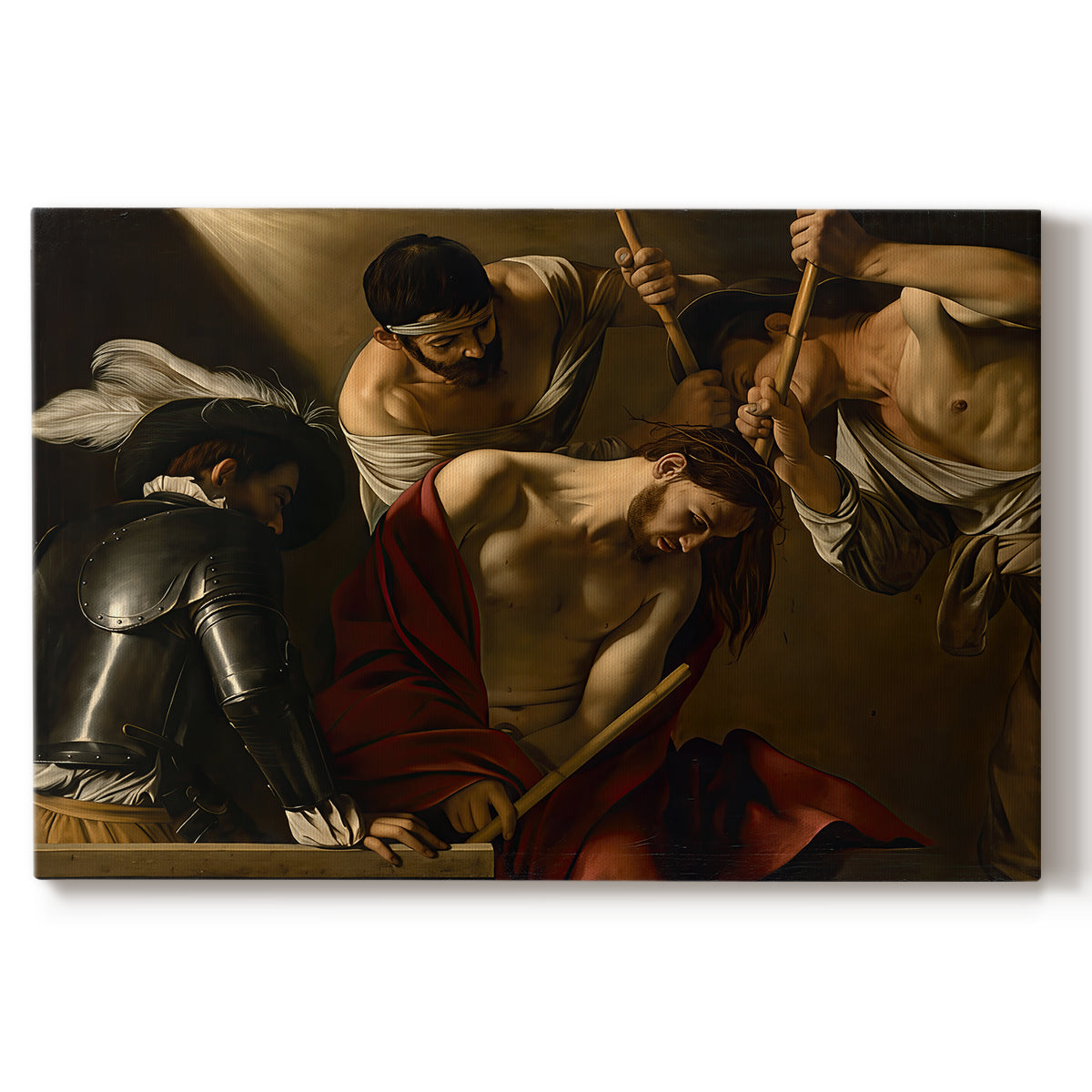 Canvas art print portraying Christ surrounded by men pressing crown of thorns onto his head, set against a white background