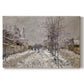 Canvas art print portraying a snow-covered street lined with trees and buildings under winter sky, set against a white background