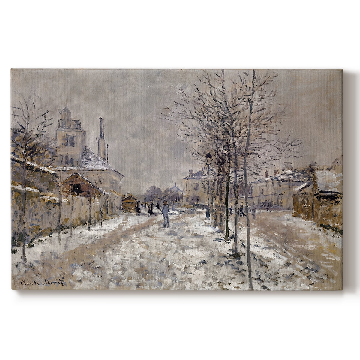 Canvas art print portraying a snow-covered street lined with trees and buildings under winter sky, set against a white background