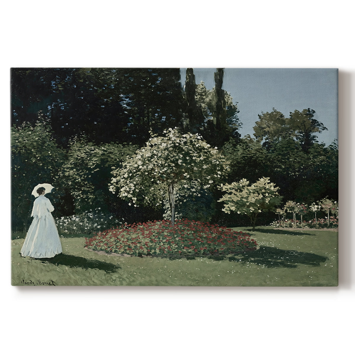 Canvas art print portraying a woman standing in garden surrounded by flowers and greenery, set against a white background