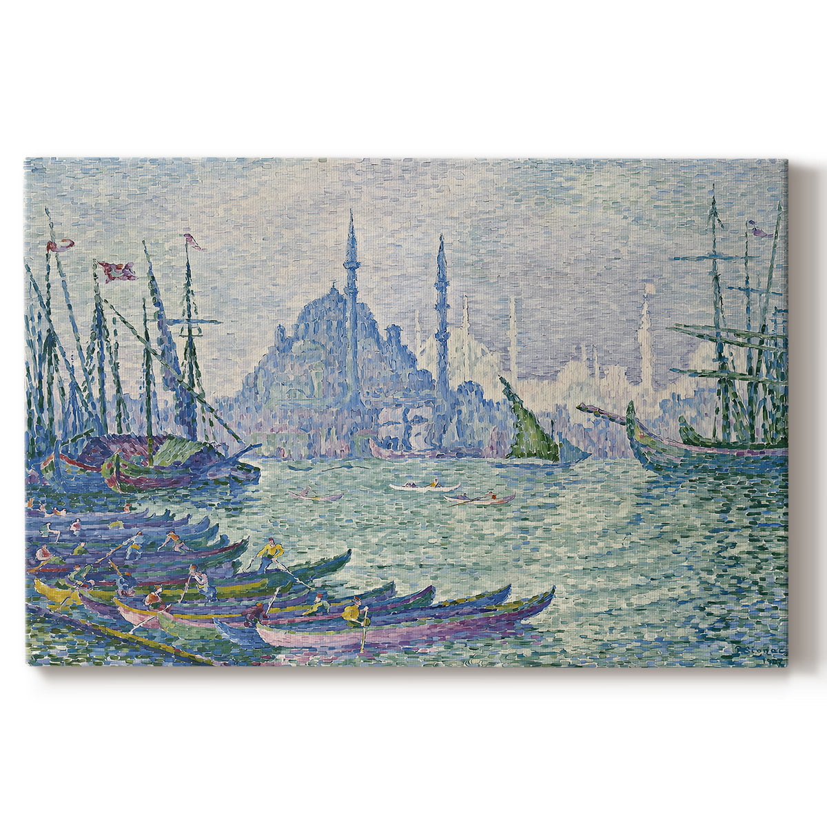 Canvas art print portraying a skyline with minarets rising above waterfront and boats, set against a white background