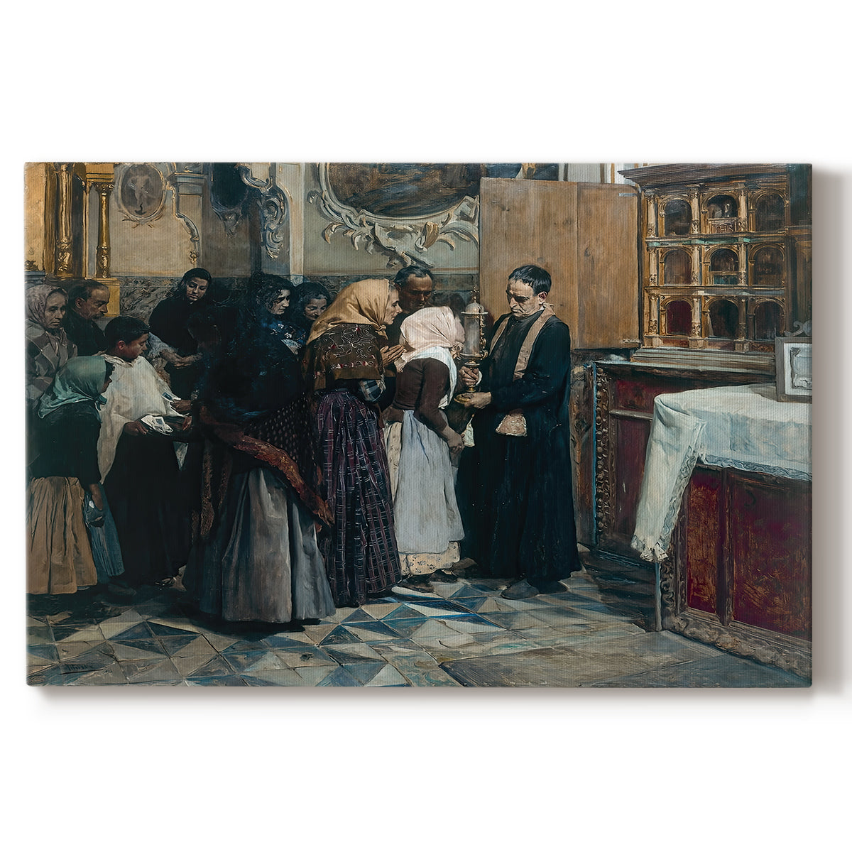Canvas art print portraying figures gathered indoors kissing religious relic in ceremonial setting, set against a white background