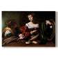 Canvas art print portraying a two women seated together in conversation with symbolic objects on table, set against a white background