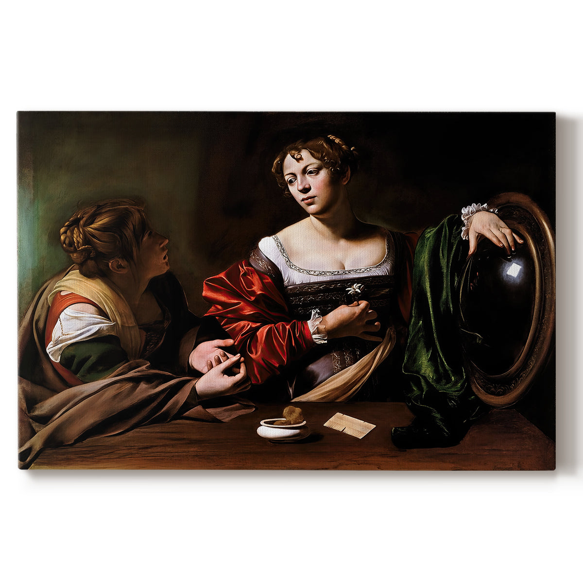 Canvas art print portraying a two women seated together in conversation with symbolic objects on table, set against a white background