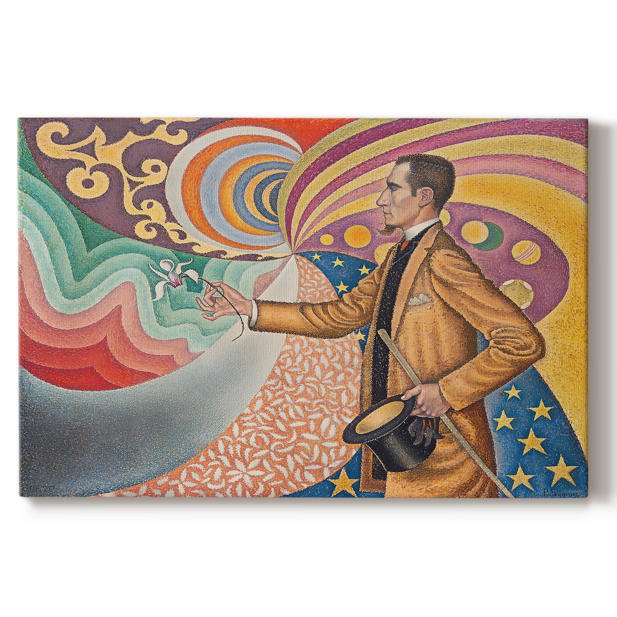 Canvas art print portraying a stylized portrait with swirling decorative background, set against a white background