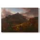 Canvas art print portraying a mountain landscape clearing after storm with sunlight breaking through clouds, set against a white background