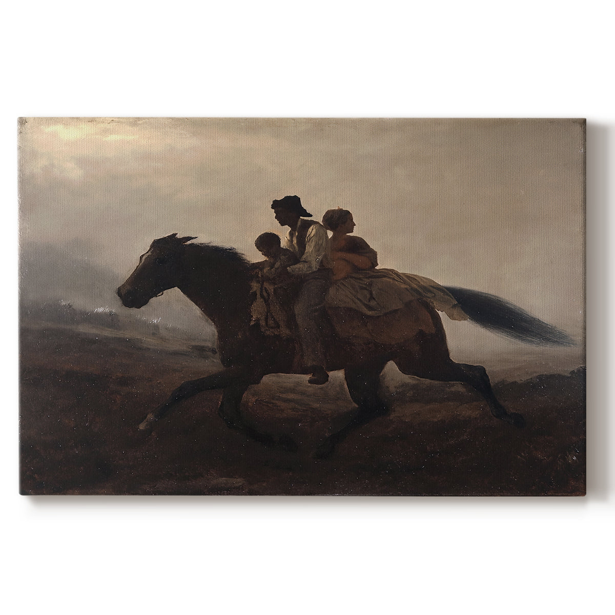 Canvas art print portraying a family riding horseback through night escaping across landscape, set against a white background