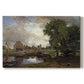 Canvas art print portraying a watermill and lock beside river with trees, set against a white background