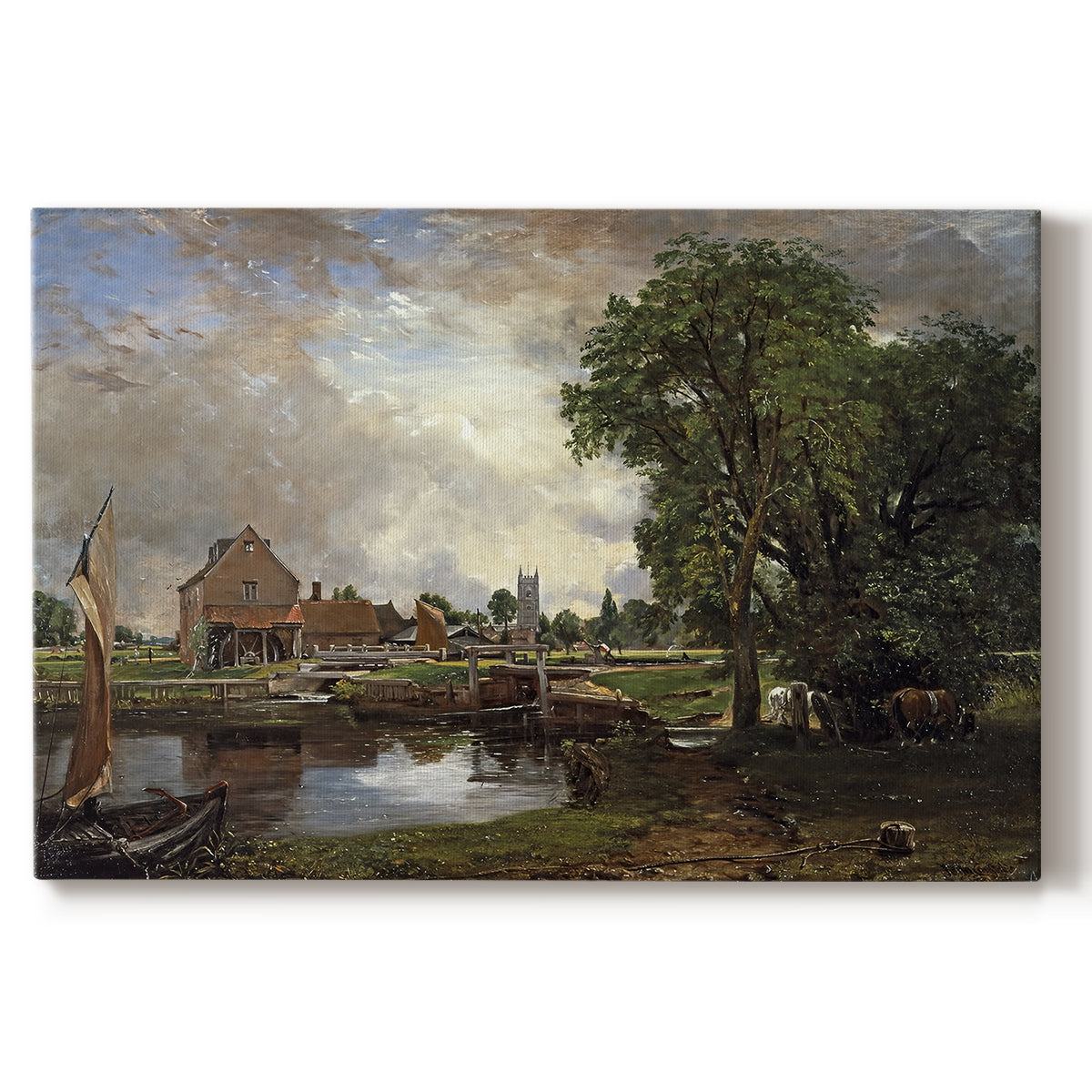 Canvas art print portraying a watermill and lock beside river with trees, set against a white background