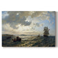 Canvas art print portraying a breezy coastal landscape with waves, boats, and open sky, set against a white background