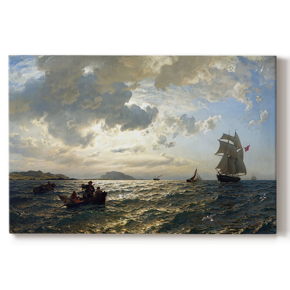 Canvas art print portraying a breezy coastal landscape with waves, boats, and open sky, set against a white background