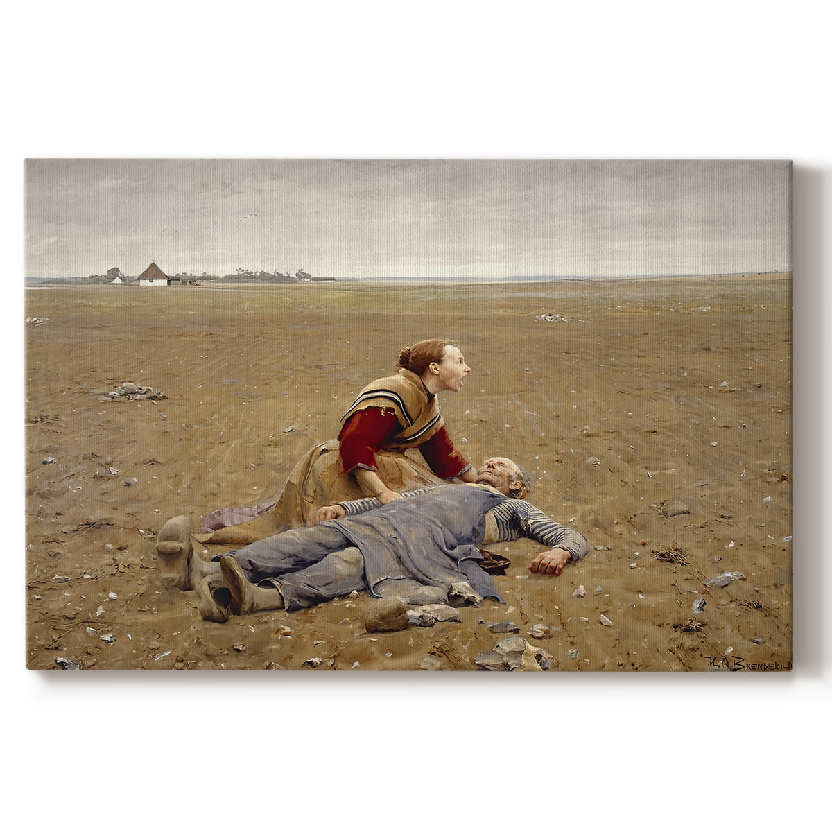 Canvas art print portraying an exhausted figure resting on ground in open rural landscape, set against a white background