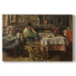Canvas art print portraying a group of people seated around table sharing meal in interior, set against a white background